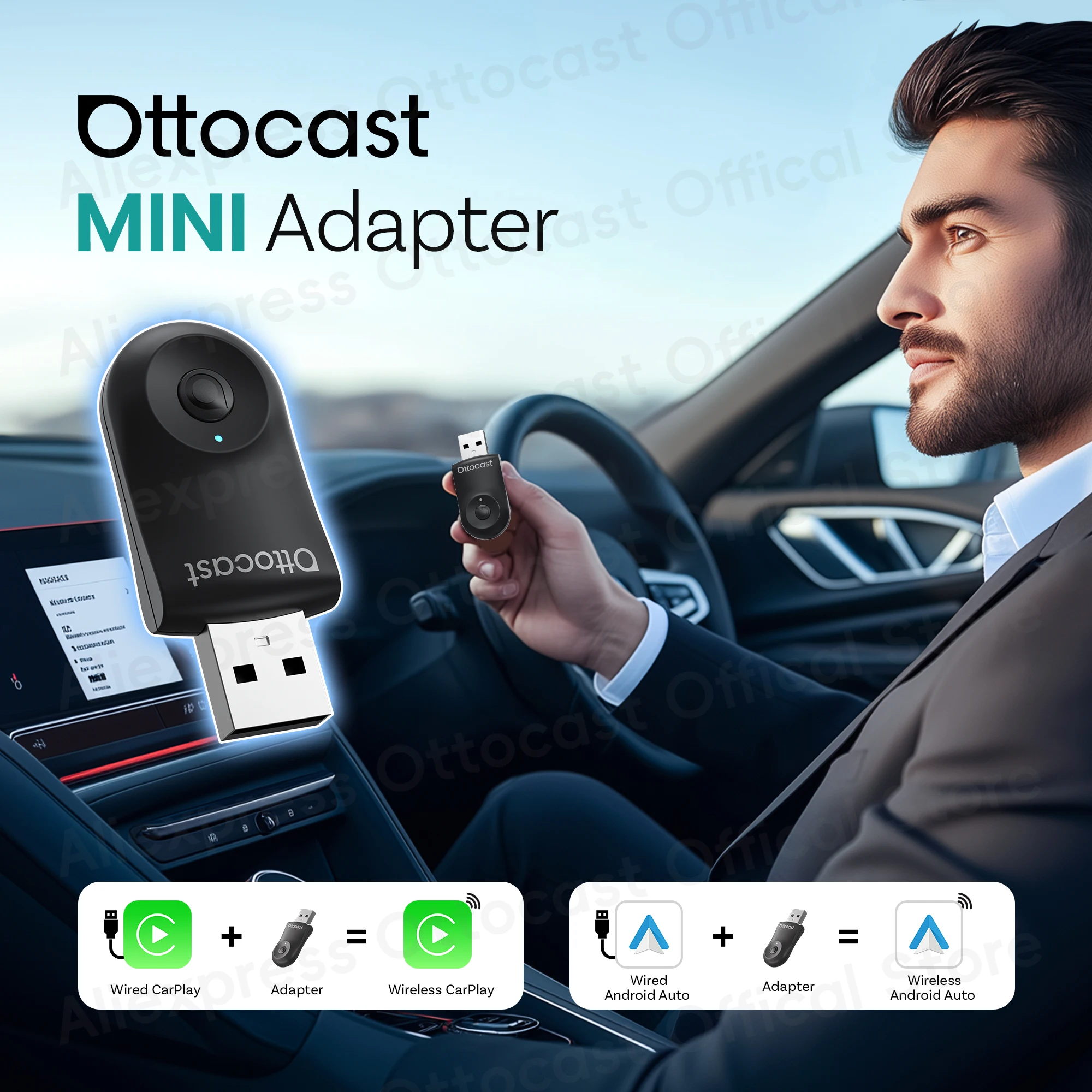 Phone Accessories For Android - 2026年新型OTTOCAST MINIワイヤレスAndroid Auto CarPlayアダプターボックス Bluetoothカーアクセサリー iPhone、Samsung、Google