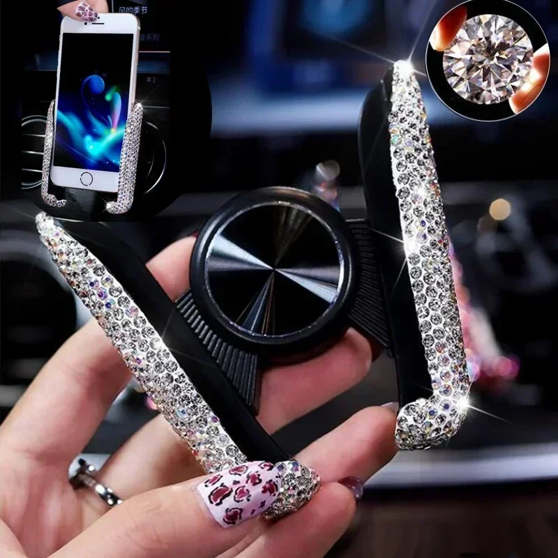 Phone Accessories For Android - 新しい車載電話ホルダー ダイヤモンドクリスタル 車のエアコン吹き出し口マウントクリップ 携帯電話ホルダー スタンド オートブラケット