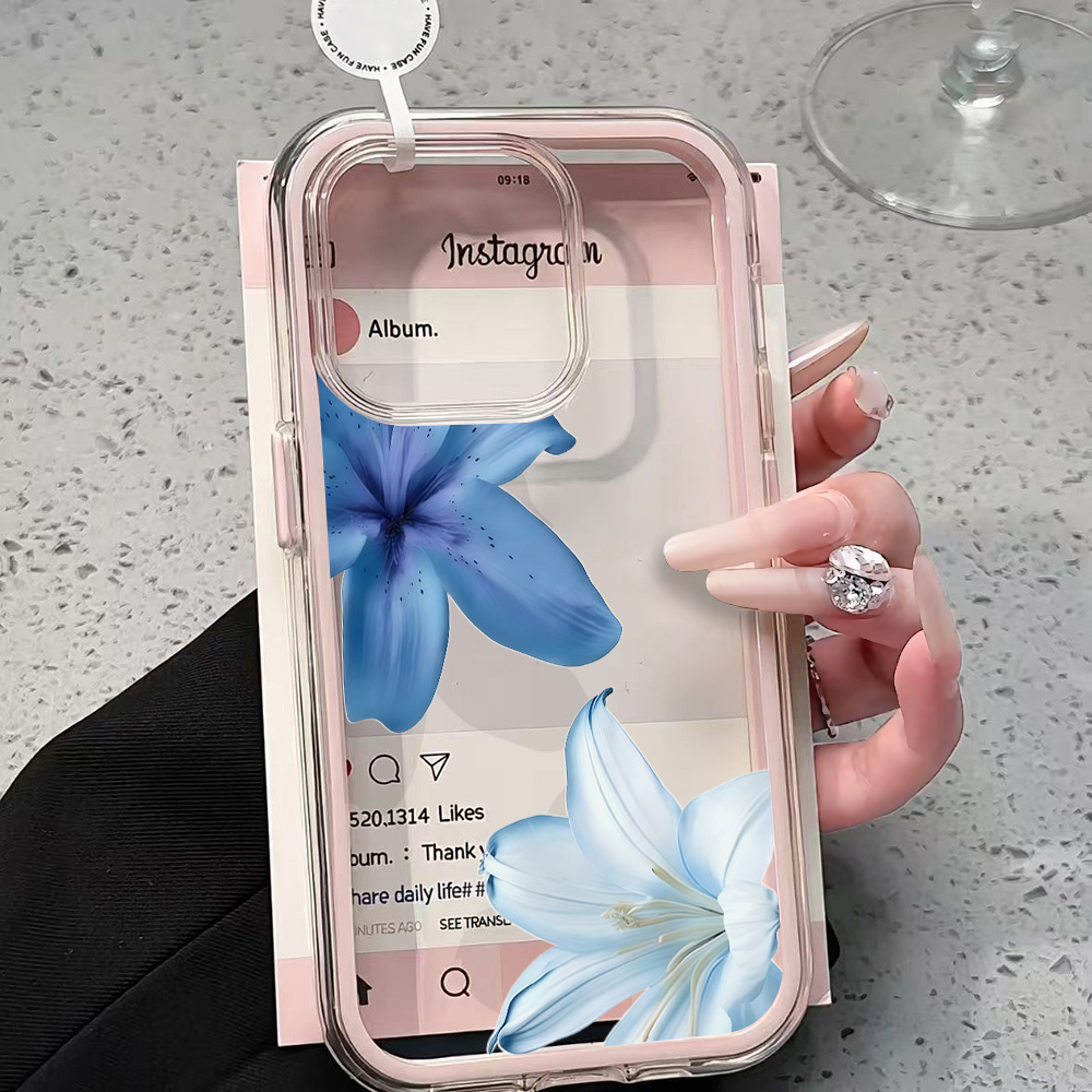 Xo Phone Accessories - 青いユリの花柄クリアスマホケース iPhone 17 13 16 15
