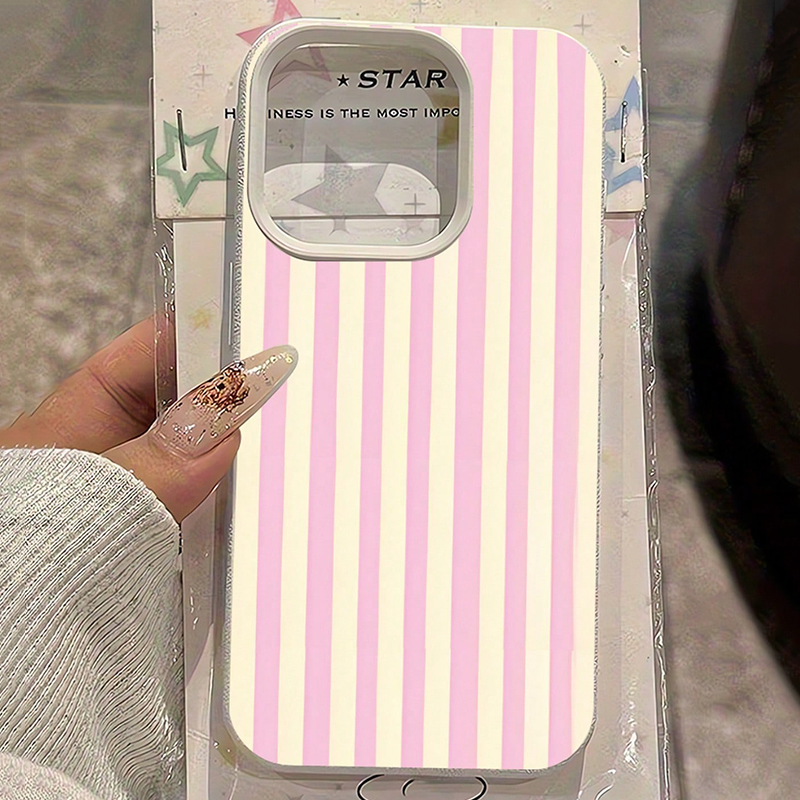 Xo Phone Accessories - シンプルなピンクの縦縞ライチ柄スマホケース iPhone 17 16 15 14
