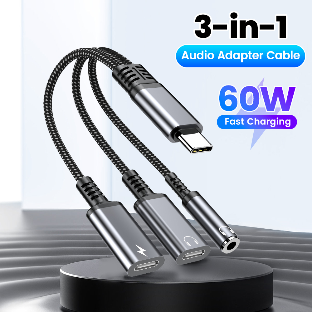 Earphone Splitter Jack - Type Cオーディオアダプターケーブル 3in1 60W急速充電 iPhone 15/16